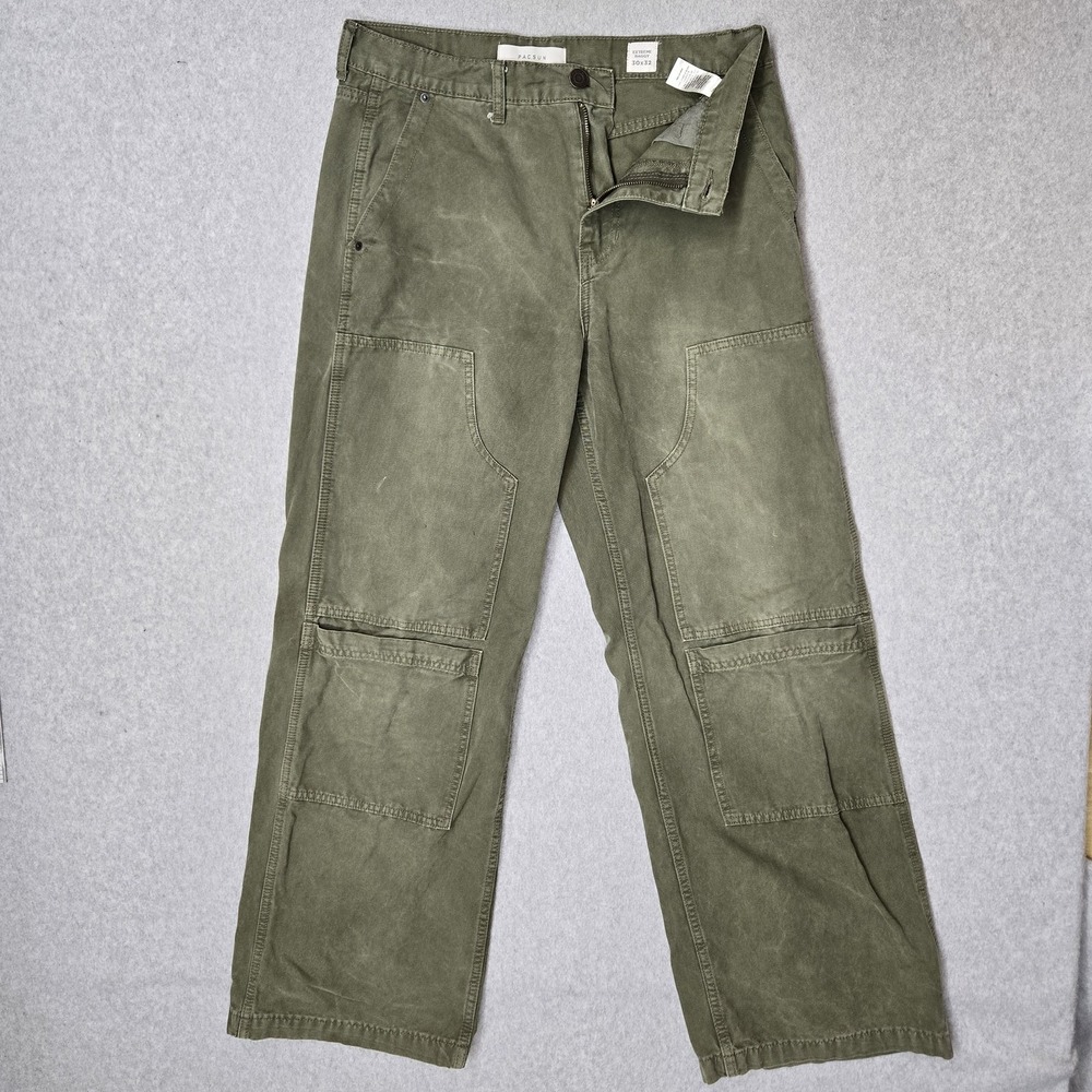 Pacsun Men Pants 30X32 Green Cargo Twill Extreme Baggy Double Knee Skater Y2K